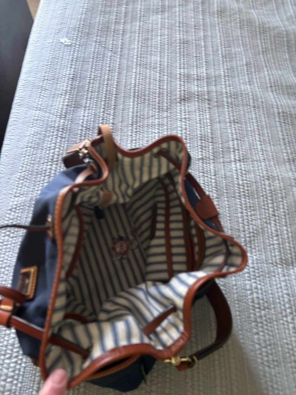 Dooney & Bourke Navy Nylon Bucket Bag with Brown Trim - Picture 2 of 3